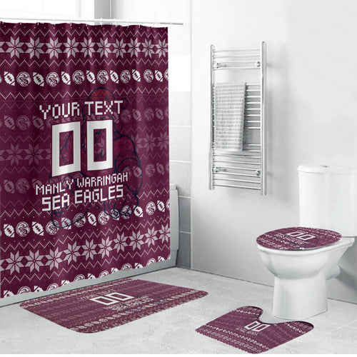 Personalized Sea Eagles Christmas Bathroom Set Australian Rugby Fans - Pixelated Ugly Xmas Pattern Mascot Santa
