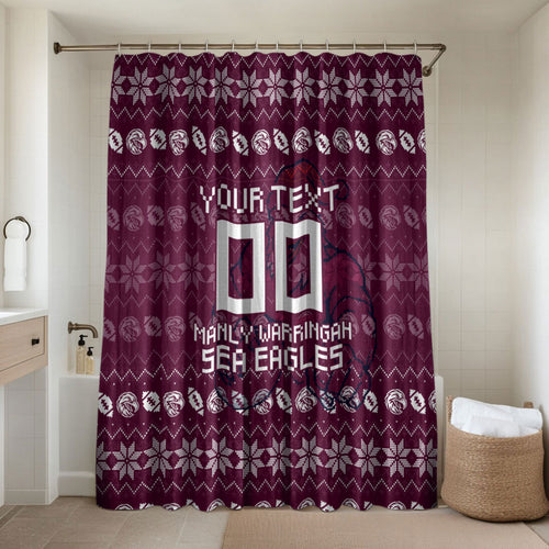 Personalized Sea Eagles Christmas Bathroom Set Australian Rugby Fans - Pixelated Ugly Xmas Pattern Mascot Santa