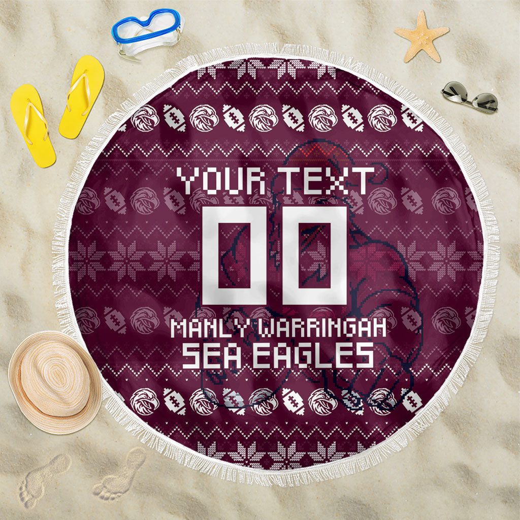 Personalized Sea Eagles Christmas Beach Blanket Australian Rugby Fans - Pixelated Ugly Xmas Pattern Mascot Santa