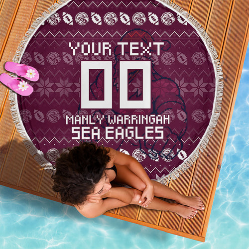 Personalized Sea Eagles Christmas Beach Blanket Australian Rugby Fans - Pixelated Ugly Xmas Pattern Mascot Santa