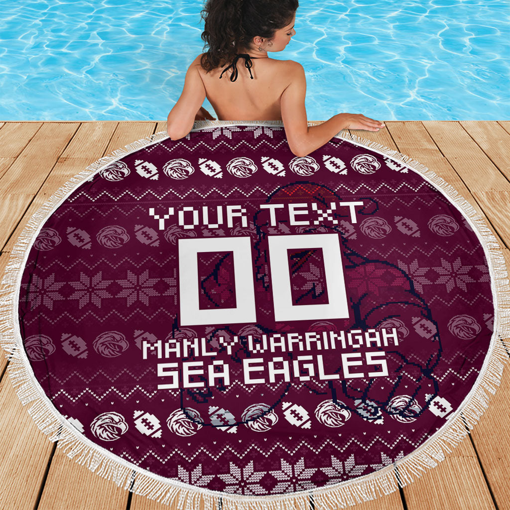 Personalized Sea Eagles Christmas Beach Blanket Australian Rugby Fans - Pixelated Ugly Xmas Pattern Mascot Santa