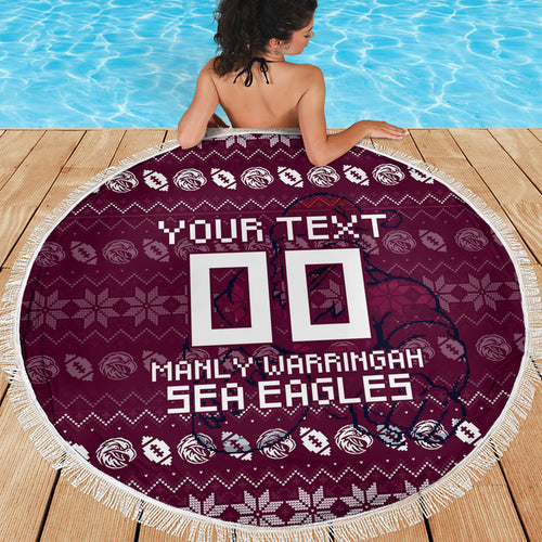 Personalized Sea Eagles Christmas Beach Blanket Australian Rugby Fans - Pixelated Ugly Xmas Pattern Mascot Santa