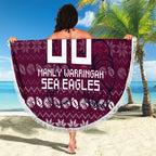 Personalized Sea Eagles Christmas Beach Blanket Australian Rugby Fans - Pixelated Ugly Xmas Pattern Mascot Santa