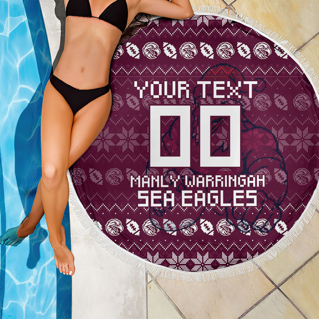 Personalized Sea Eagles Christmas Beach Blanket Australian Rugby Fans - Pixelated Ugly Xmas Pattern Mascot Santa