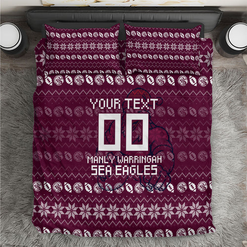 Personalized Sea Eagles Christmas Bedding Set Australian Rugby Fans - Pixelated Ugly Xmas Pattern Mascot Santa