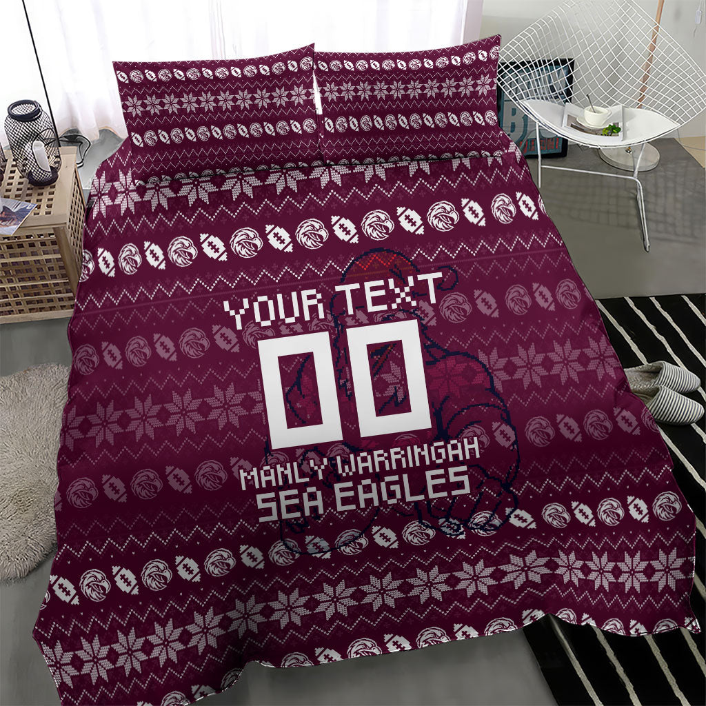 Personalized Sea Eagles Christmas Bedding Set Australian Rugby Fans - Pixelated Ugly Xmas Pattern Mascot Santa