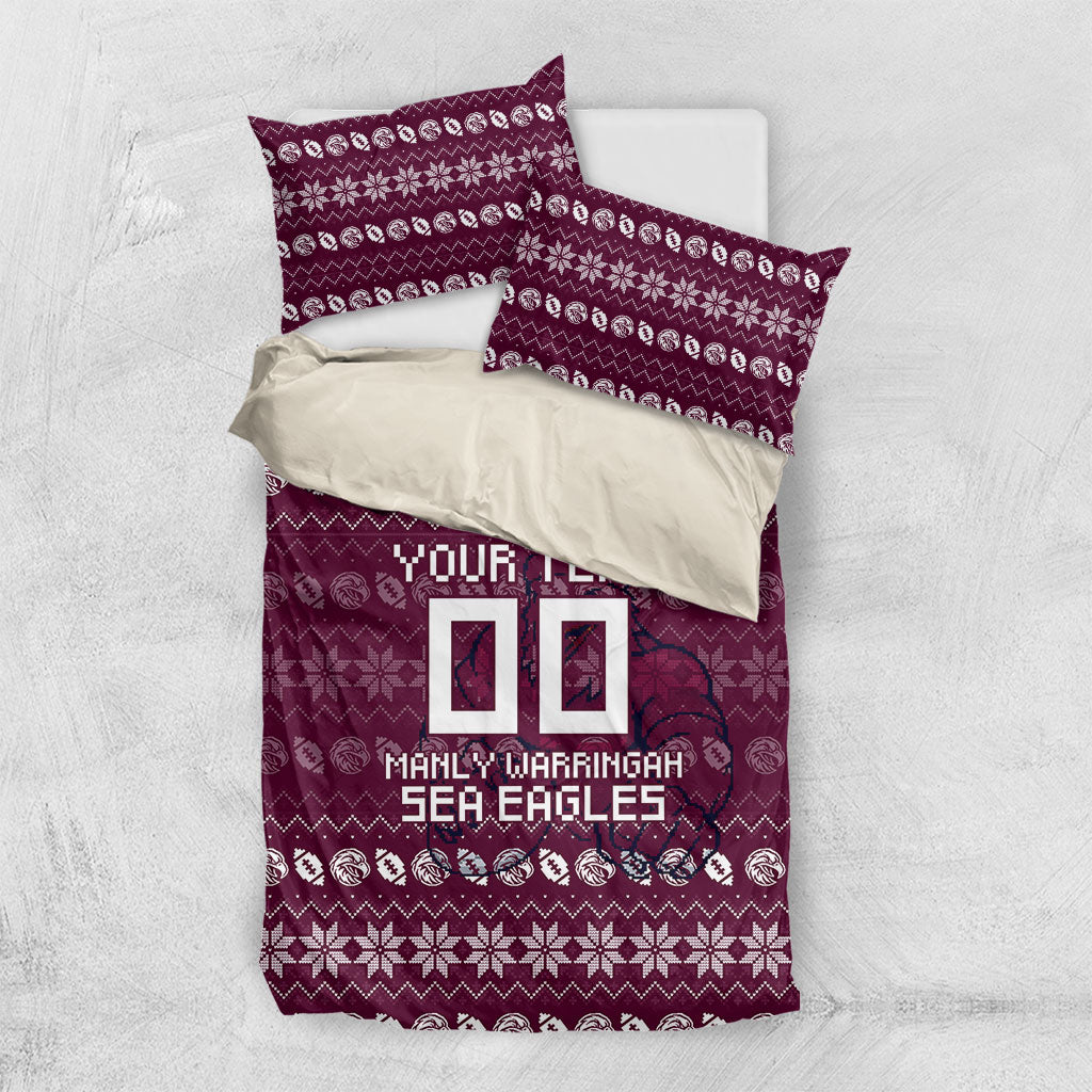 Personalized Sea Eagles Christmas Bedding Set Australian Rugby Fans - Pixelated Ugly Xmas Pattern Mascot Santa