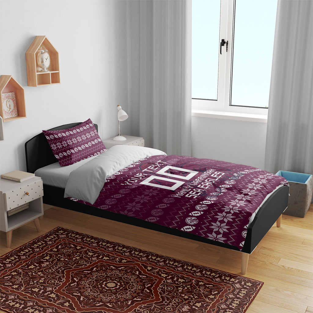 Personalized Sea Eagles Christmas Bedding Set Australian Rugby Fans - Pixelated Ugly Xmas Pattern Mascot Santa