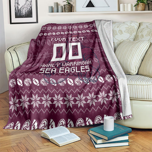 Personalized Sea Eagles Christmas Blanket Australian Rugby Fans - Pixelated Ugly Xmas Pattern Mascot Santa