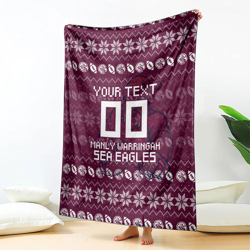 Personalized Sea Eagles Christmas Blanket Australian Rugby Fans - Pixelated Ugly Xmas Pattern Mascot Santa