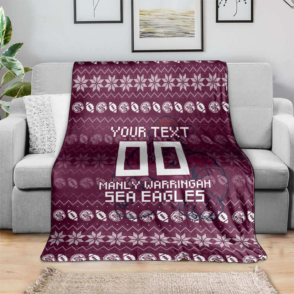 Personalized Sea Eagles Christmas Blanket Australian Rugby Fans - Pixelated Ugly Xmas Pattern Mascot Santa