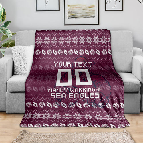 Personalized Sea Eagles Christmas Blanket Australian Rugby Fans - Pixelated Ugly Xmas Pattern Mascot Santa