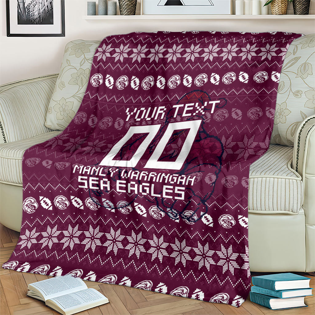 Personalized Sea Eagles Christmas Blanket Australian Rugby Fans - Pixelated Ugly Xmas Pattern Mascot Santa