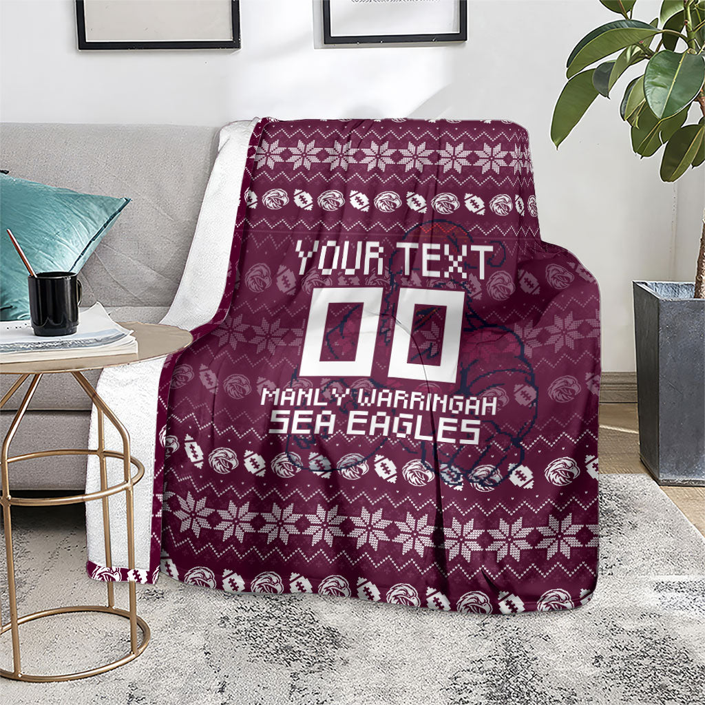 Personalized Sea Eagles Christmas Blanket Australian Rugby Fans - Pixelated Ugly Xmas Pattern Mascot Santa