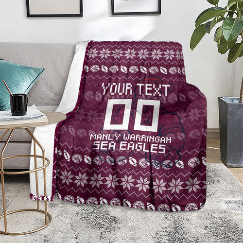 Personalized Sea Eagles Christmas Blanket Australian Rugby Fans - Pixelated Ugly Xmas Pattern Mascot Santa