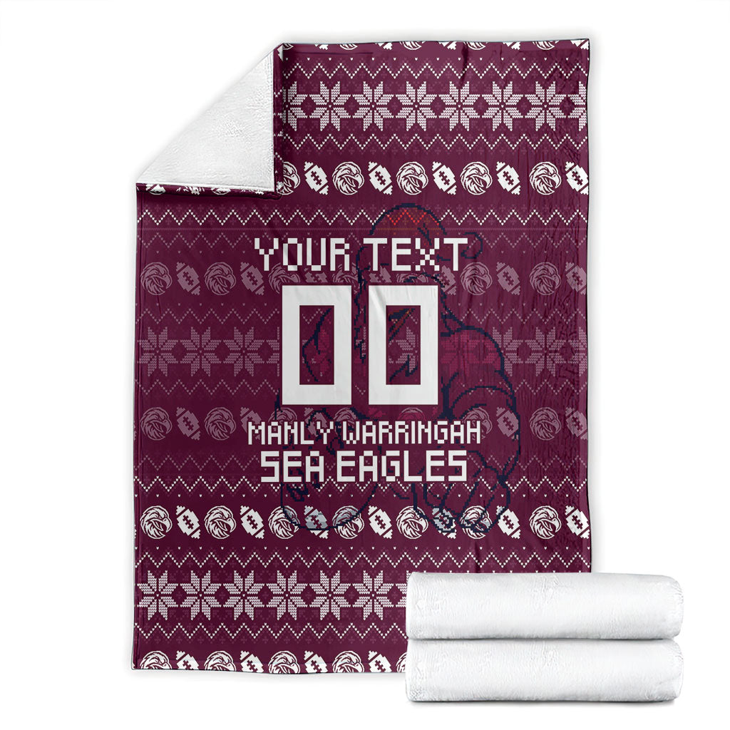 Personalized Sea Eagles Christmas Blanket Australian Rugby Fans - Pixelated Ugly Xmas Pattern Mascot Santa