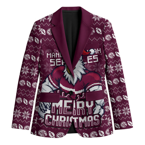 Personalized Sea Eagles Christmas Blazer Australian Rugby Fans - Pixelated Ugly Xmas Pattern Mascot Santa
