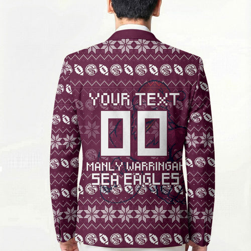 Personalized Sea Eagles Christmas Blazer Australian Rugby Fans - Pixelated Ugly Xmas Pattern Mascot Santa