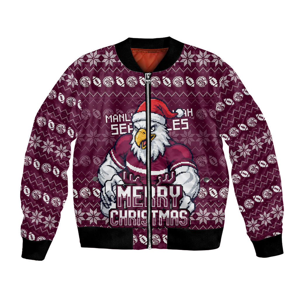 Personalized Sea Eagles Christmas Bomber Jacket Australian Rugby Fans - Pixelated Ugly Xmas Pattern Mascot Santa