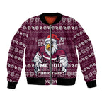 Personalized Sea Eagles Christmas Bomber Jacket Australian Rugby Fans - Pixelated Ugly Xmas Pattern Mascot Santa