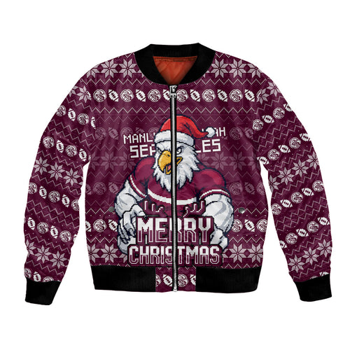 Personalized Sea Eagles Christmas Bomber Jacket Australian Rugby Fans - Pixelated Ugly Xmas Pattern Mascot Santa