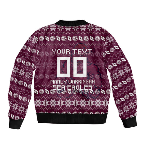 Personalized Sea Eagles Christmas Bomber Jacket Australian Rugby Fans - Pixelated Ugly Xmas Pattern Mascot Santa