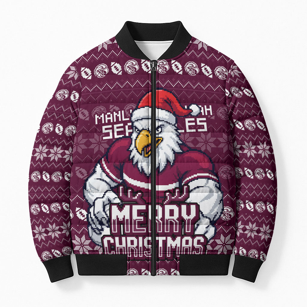 Personalized Sea Eagles Christmas Bomber Puffer Jacket Australian Rugby Fans - Pixelated Ugly Xmas Pattern Mascot Santa