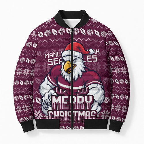 Personalized Sea Eagles Christmas Bomber Puffer Jacket Australian Rugby Fans - Pixelated Ugly Xmas Pattern Mascot Santa