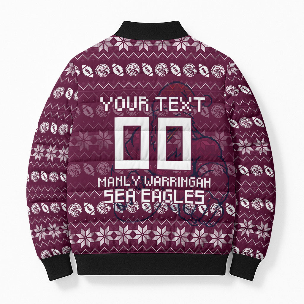 Personalized Sea Eagles Christmas Bomber Puffer Jacket Australian Rugby Fans - Pixelated Ugly Xmas Pattern Mascot Santa