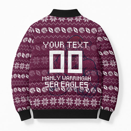 Personalized Sea Eagles Christmas Bomber Puffer Jacket Australian Rugby Fans - Pixelated Ugly Xmas Pattern Mascot Santa