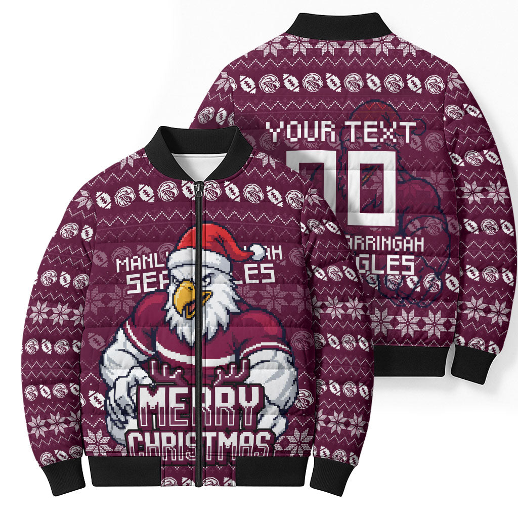 Personalized Sea Eagles Christmas Bomber Puffer Jacket Australian Rugby Fans - Pixelated Ugly Xmas Pattern Mascot Santa