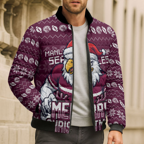 Personalized Sea Eagles Christmas Bomber Puffer Jacket Australian Rugby Fans - Pixelated Ugly Xmas Pattern Mascot Santa