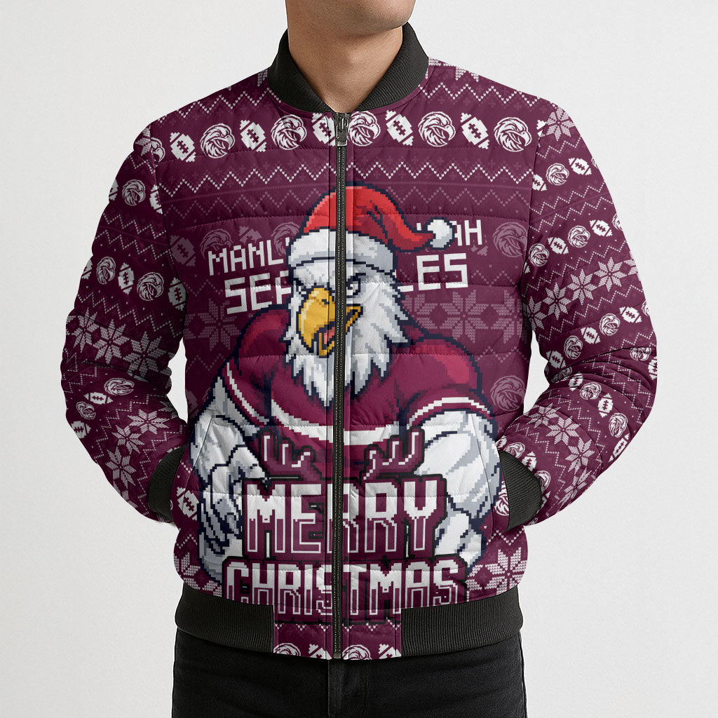 Personalized Sea Eagles Christmas Bomber Puffer Jacket Australian Rugby Fans - Pixelated Ugly Xmas Pattern Mascot Santa