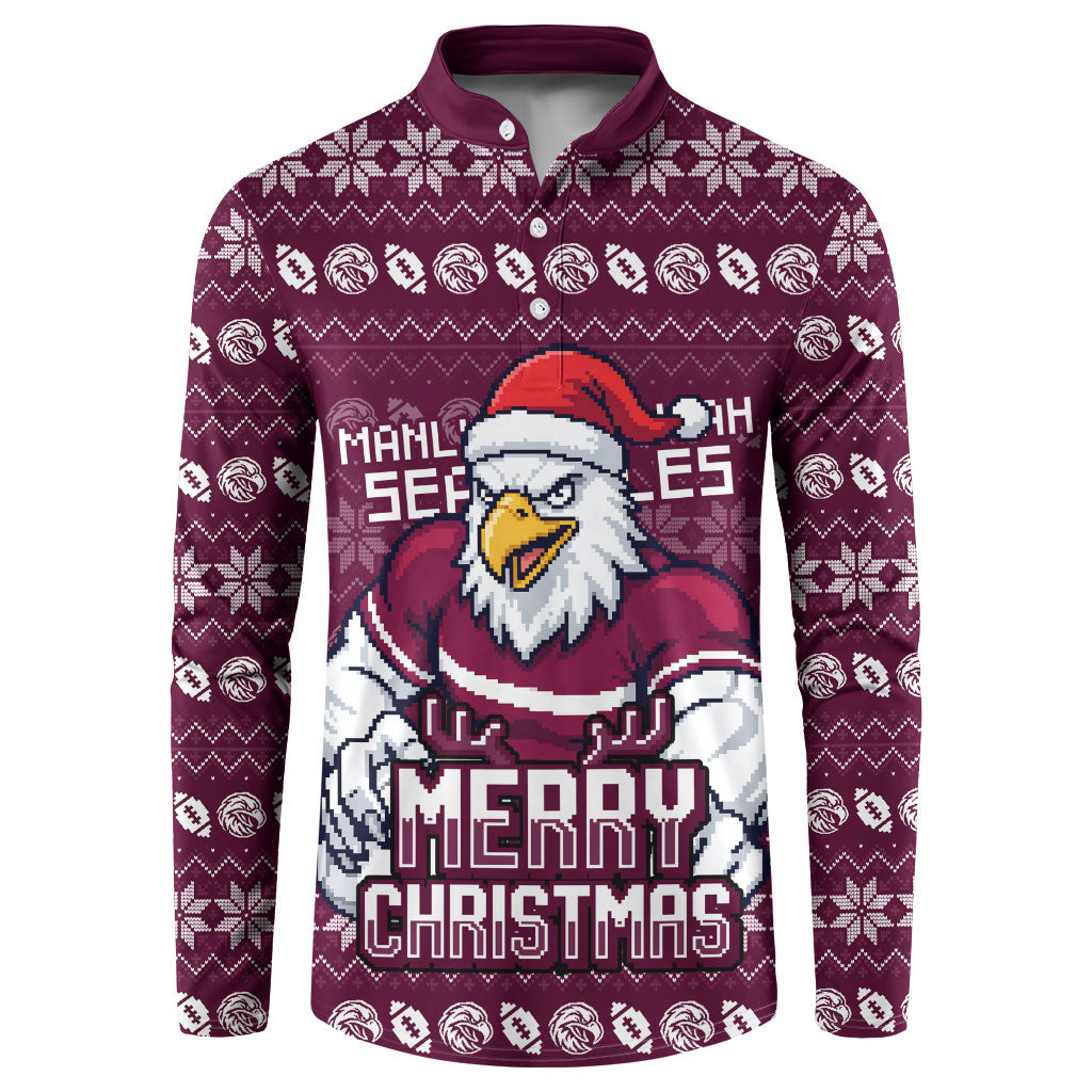Personalized Sea Eagles Christmas Button Sweatshirt Australian Rugby Fans - Pixelated Ugly Xmas Pattern Mascot Santa