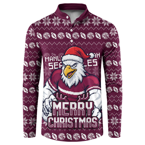 Personalized Sea Eagles Christmas Button Sweatshirt Australian Rugby Fans - Pixelated Ugly Xmas Pattern Mascot Santa
