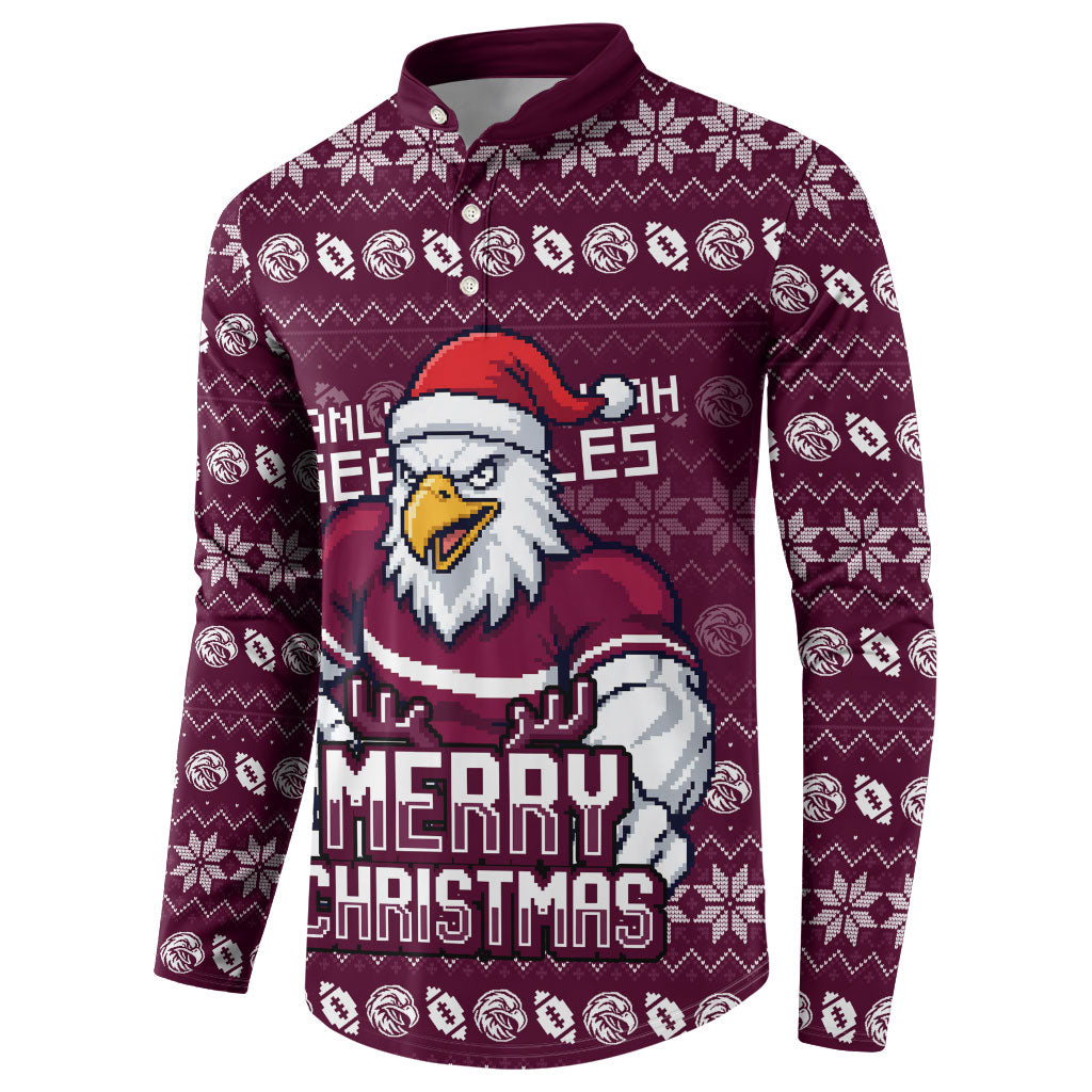 Personalized Sea Eagles Christmas Button Sweatshirt Australian Rugby Fans - Pixelated Ugly Xmas Pattern Mascot Santa