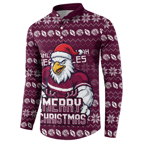 Personalized Sea Eagles Christmas Button Sweatshirt Australian Rugby Fans - Pixelated Ugly Xmas Pattern Mascot Santa