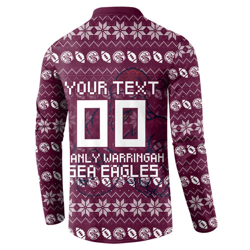 Personalized Sea Eagles Christmas Button Sweatshirt Australian Rugby Fans - Pixelated Ugly Xmas Pattern Mascot Santa