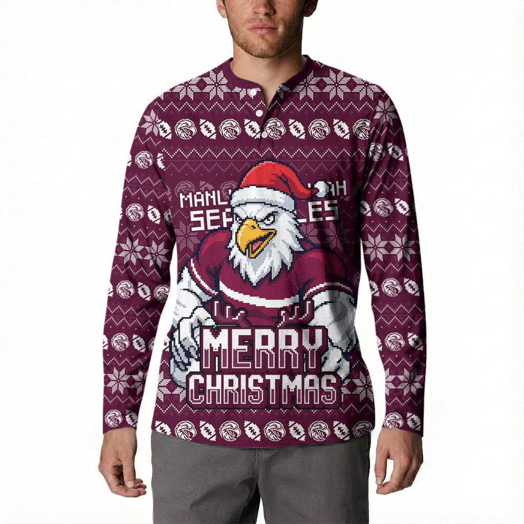 Personalized Sea Eagles Christmas Button Sweatshirt Australian Rugby Fans - Pixelated Ugly Xmas Pattern Mascot Santa
