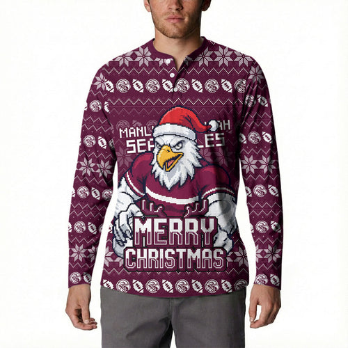 Personalized Sea Eagles Christmas Button Sweatshirt Australian Rugby Fans - Pixelated Ugly Xmas Pattern Mascot Santa