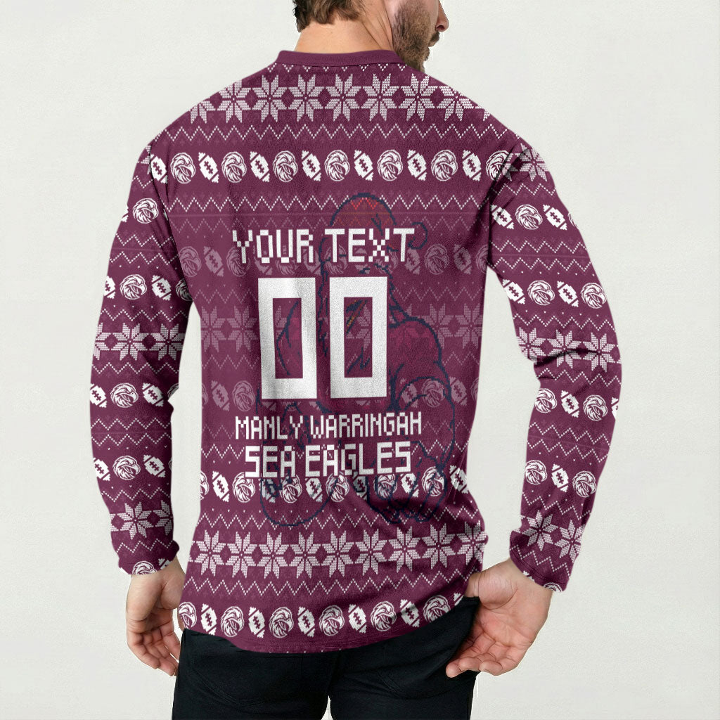 Personalized Sea Eagles Christmas Button Sweatshirt Australian Rugby Fans - Pixelated Ugly Xmas Pattern Mascot Santa