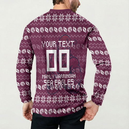 Personalized Sea Eagles Christmas Button Sweatshirt Australian Rugby Fans - Pixelated Ugly Xmas Pattern Mascot Santa