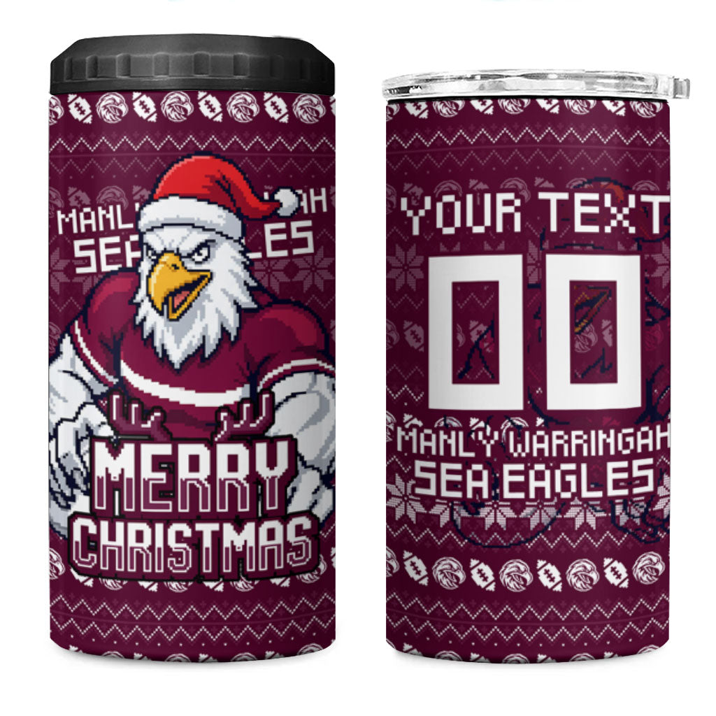 Personalized Sea Eagles Christmas 4 in 1 Can Cooler Tumbler Australian Rugby Fans - Pixelated Ugly Xmas Pattern Mascot Santa