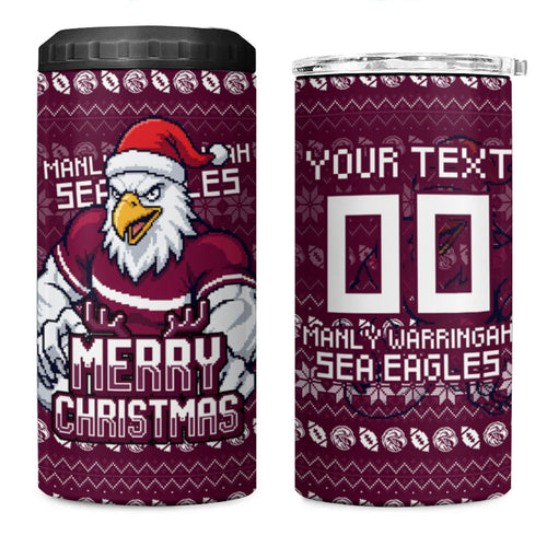 Personalized Sea Eagles Christmas 4 in 1 Can Cooler Tumbler Australian Rugby Fans - Pixelated Ugly Xmas Pattern Mascot Santa