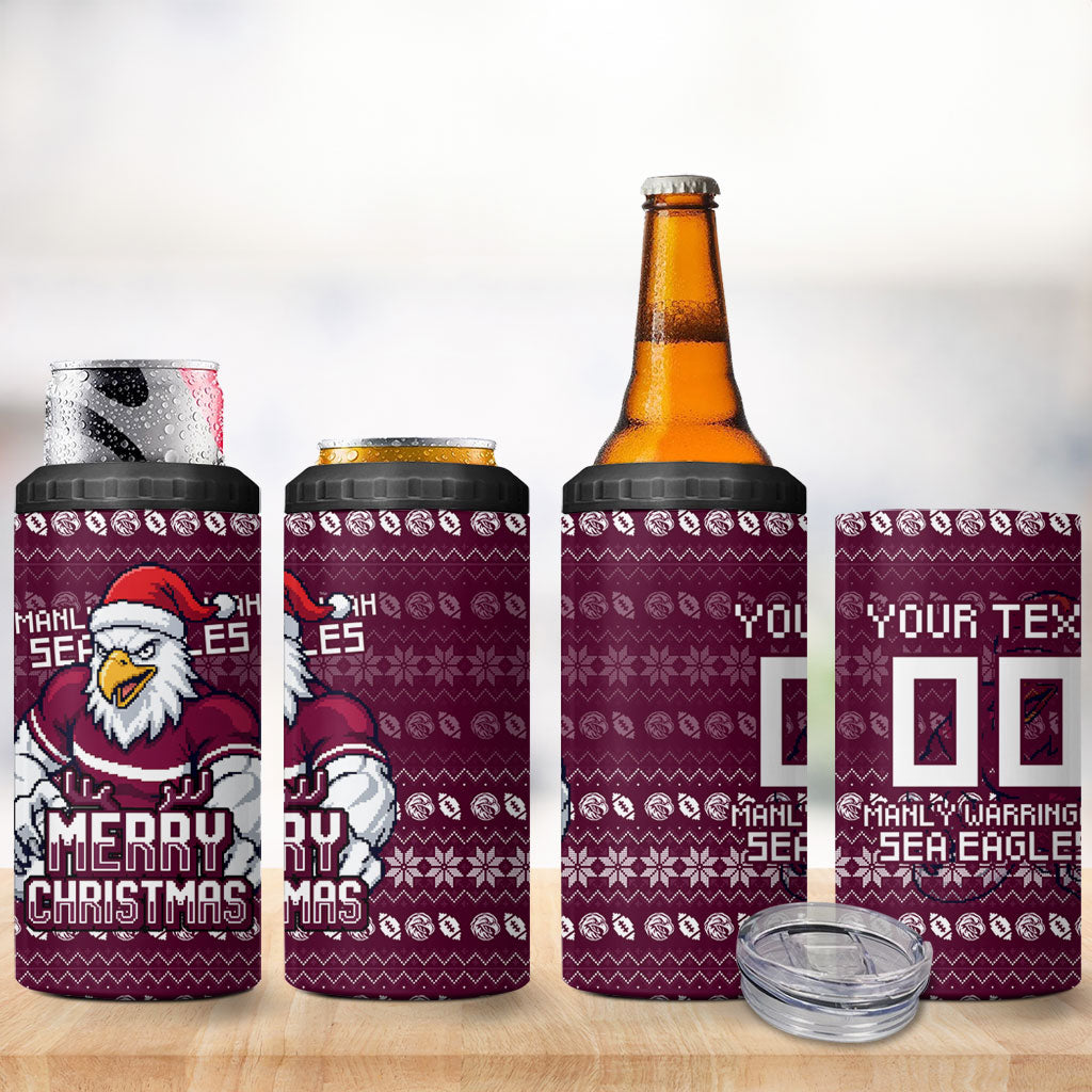 Personalized Sea Eagles Christmas 4 in 1 Can Cooler Tumbler Australian Rugby Fans - Pixelated Ugly Xmas Pattern Mascot Santa