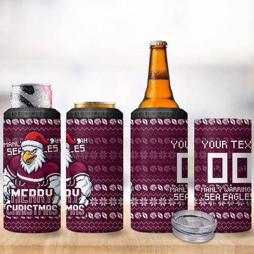 Personalized Sea Eagles Christmas 4 in 1 Can Cooler Tumbler Australian Rugby Fans - Pixelated Ugly Xmas Pattern Mascot Santa