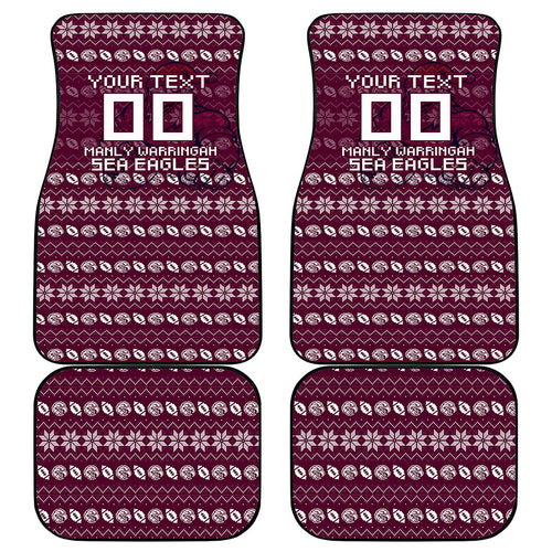 Personalized Sea Eagles Christmas Car Mats Australian Rugby Fans - Pixelated Ugly Xmas Pattern Mascot Santa