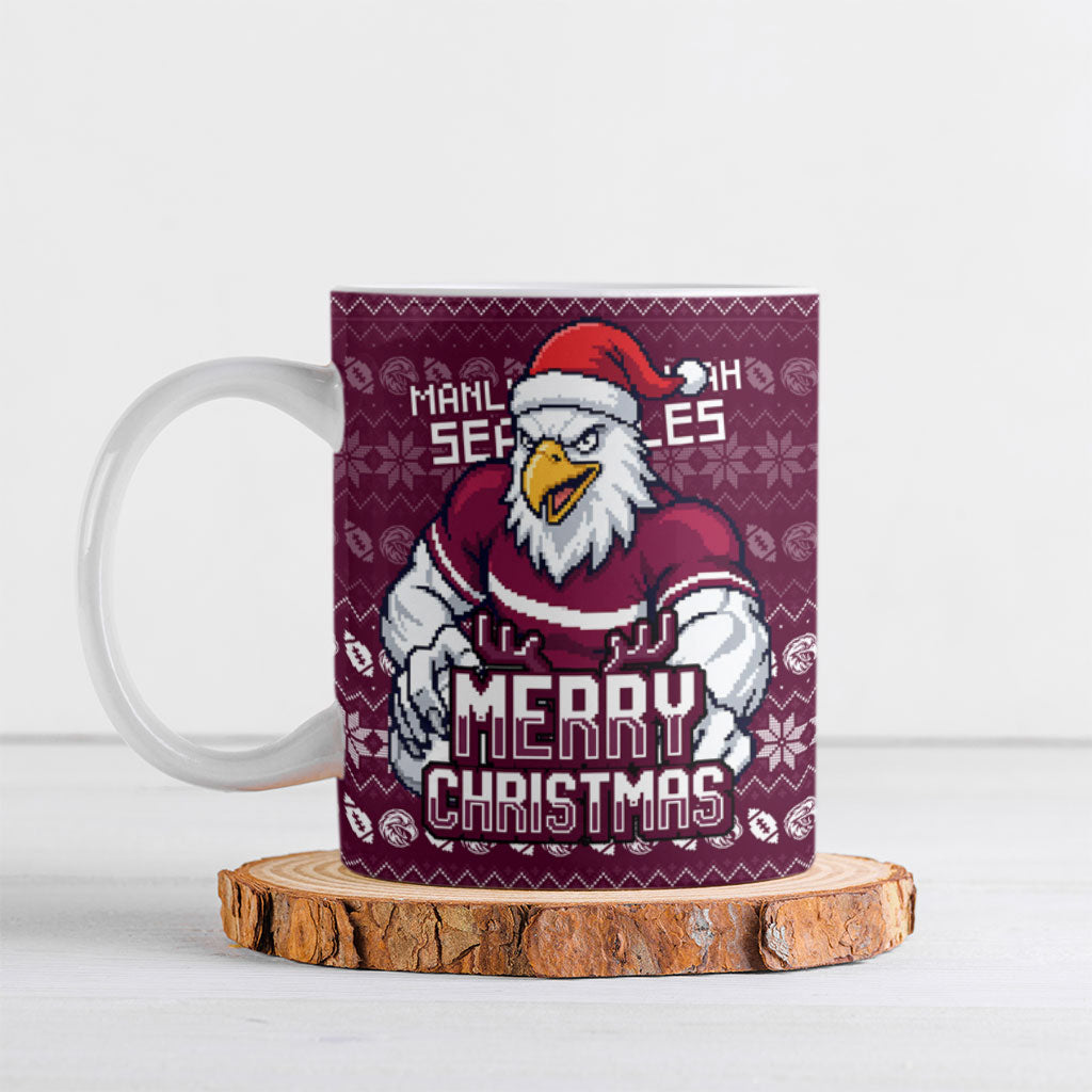 Personalized Sea Eagles Christmas Ceramic Mug Australian Rugby Fans - Pixelated Ugly Xmas Pattern Mascot Santa