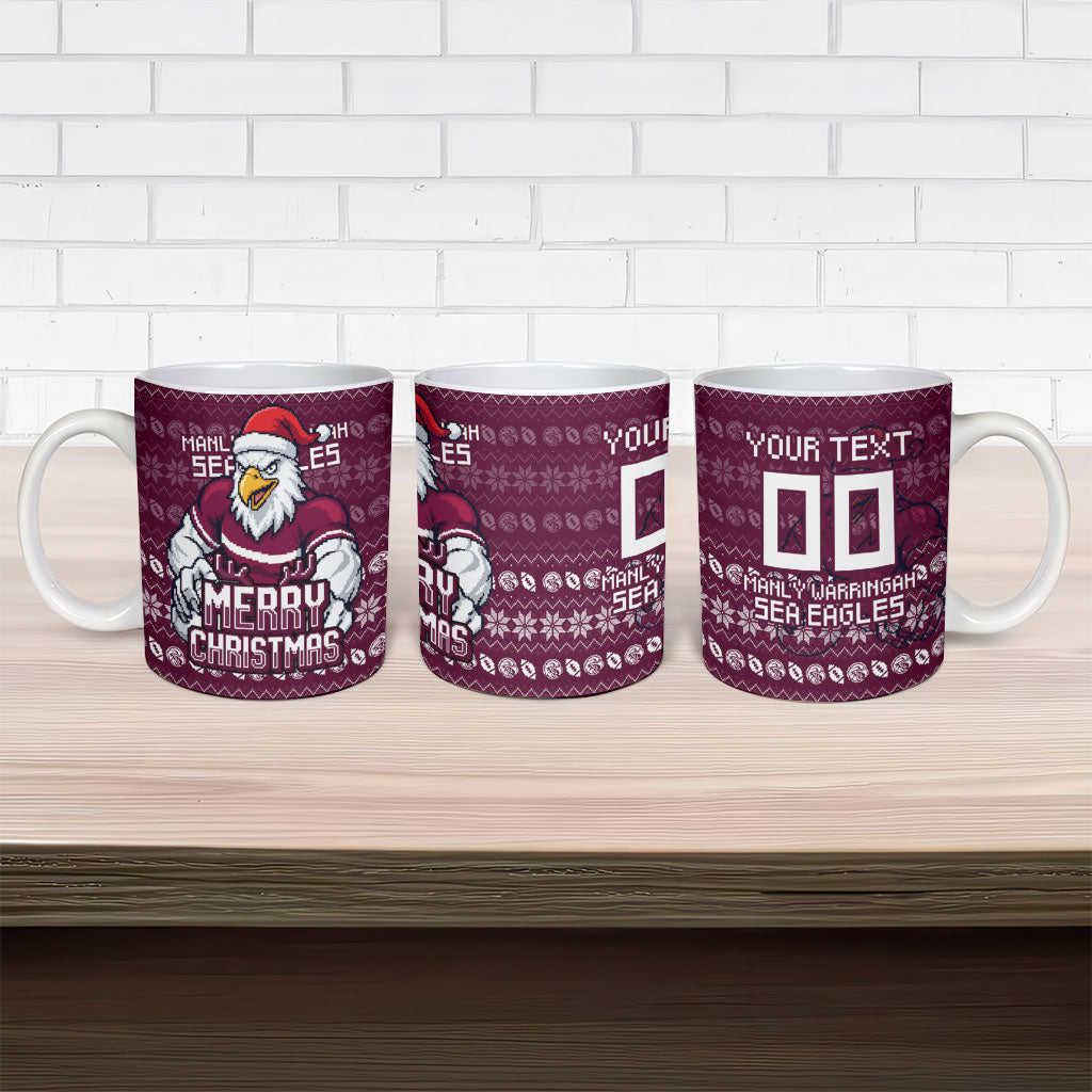Personalized Sea Eagles Christmas Ceramic Mug Australian Rugby Fans - Pixelated Ugly Xmas Pattern Mascot Santa