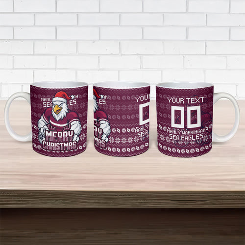 Personalized Sea Eagles Christmas Ceramic Mug Australian Rugby Fans - Pixelated Ugly Xmas Pattern Mascot Santa